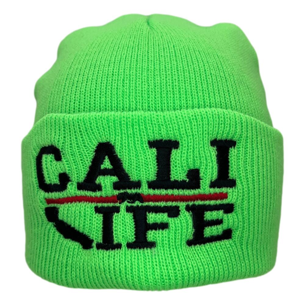 Double Layered Neon CALI LIFE Long Cuffed Acrylic Beanie Snowboard Hat Ski Cap